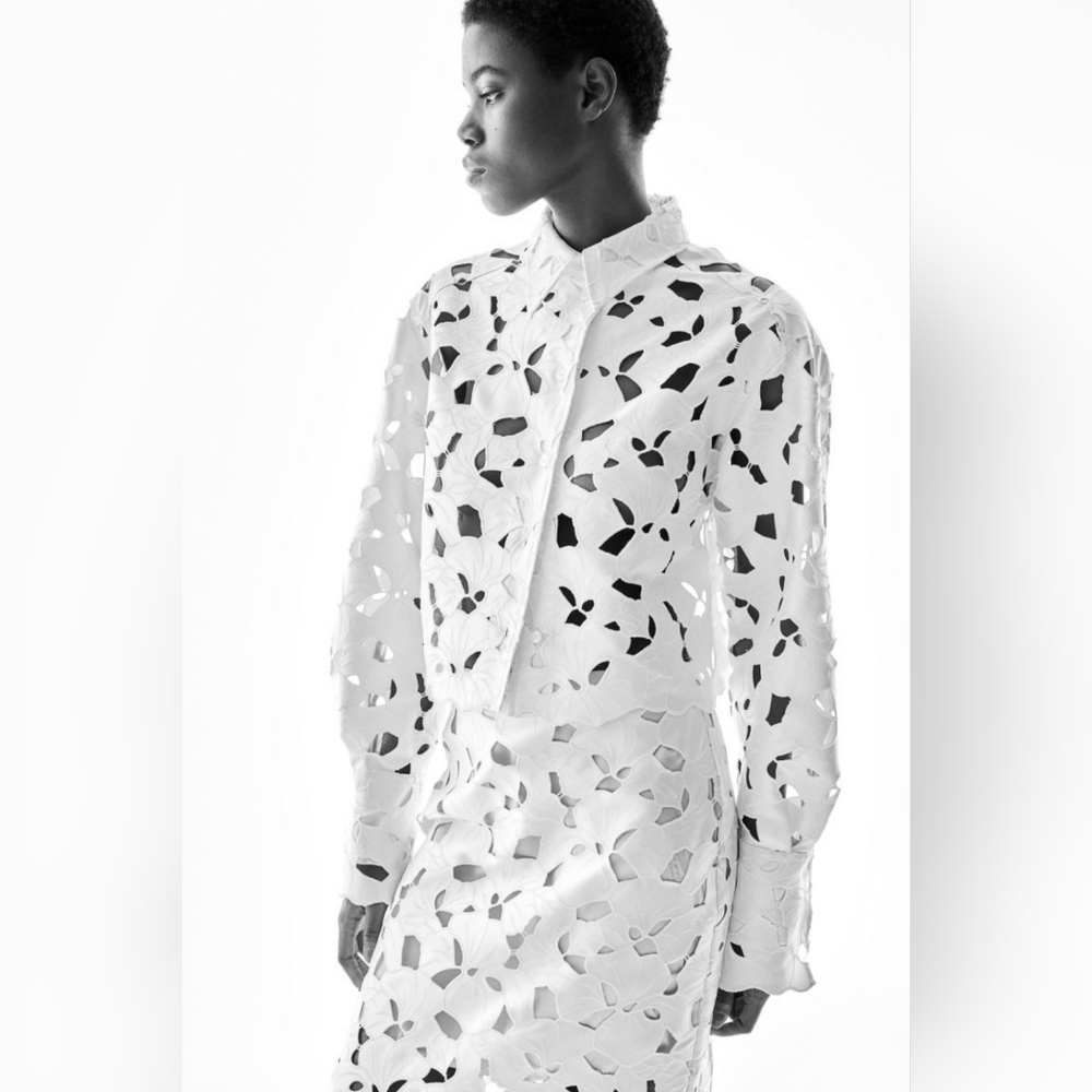 New H&M Satin Button-Up Shirt Blouse with Eyelet Embroidery White S